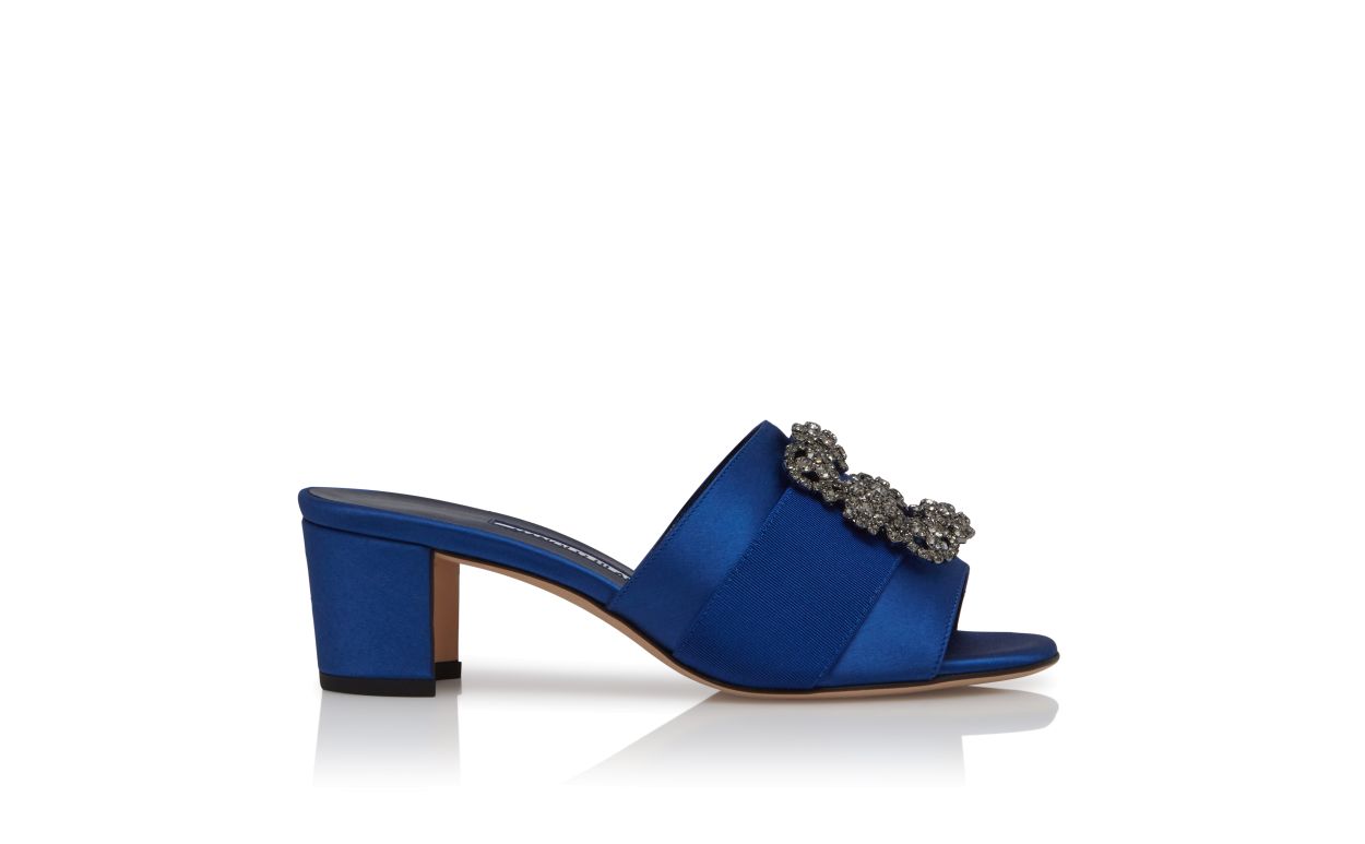 Designer Blue Satin Jewel Buckle Mules - Image Side View