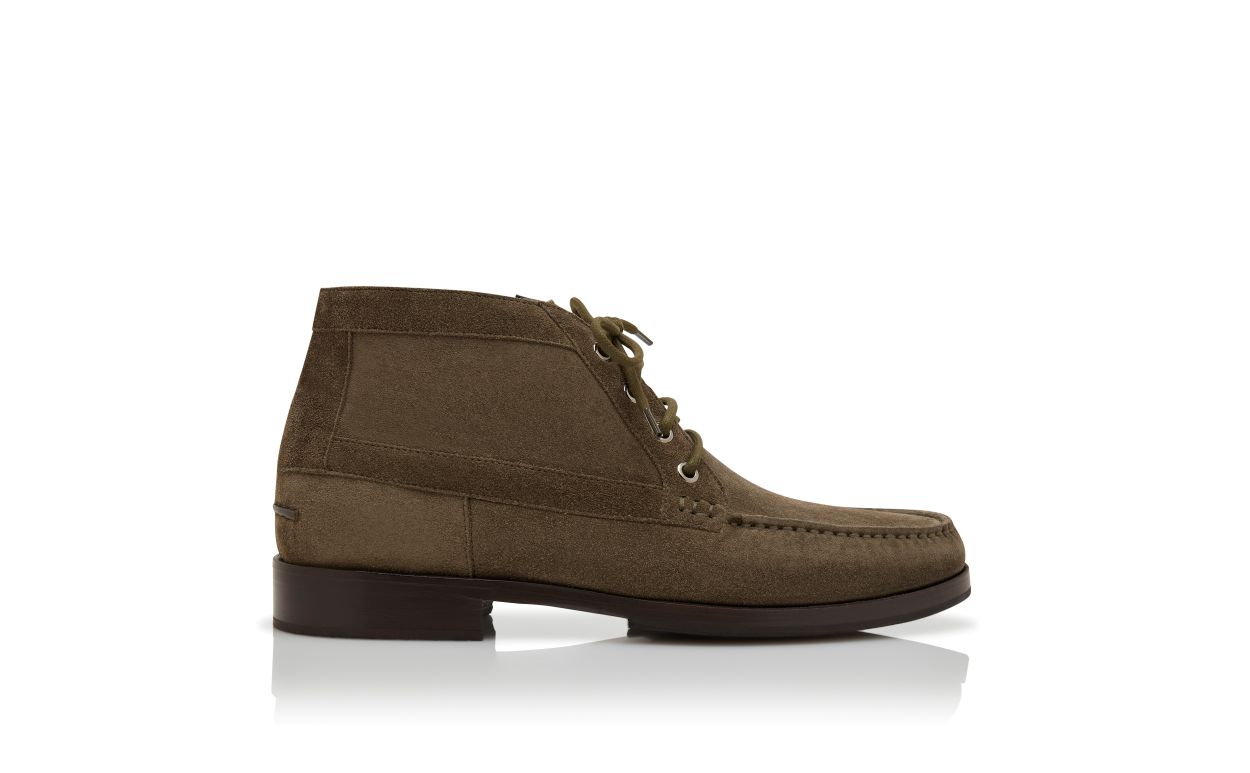 Designer Dark Green Calf Suede Ankle Boots - Image Side View