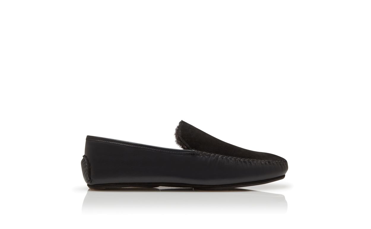 Designer Black Nappa Leather and Suede Driving Shoes - Image Side View