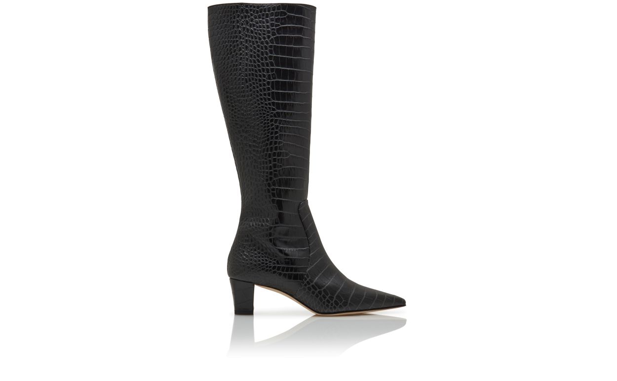 Designer Black Calf Leather Knee High Boots  - Image Side View
