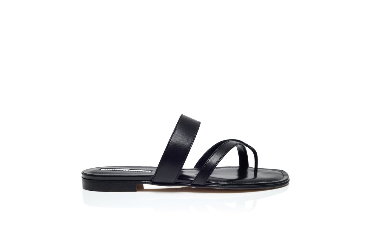 Designer Black Nappa Leather Crossover Flat Sandals - Image Side View