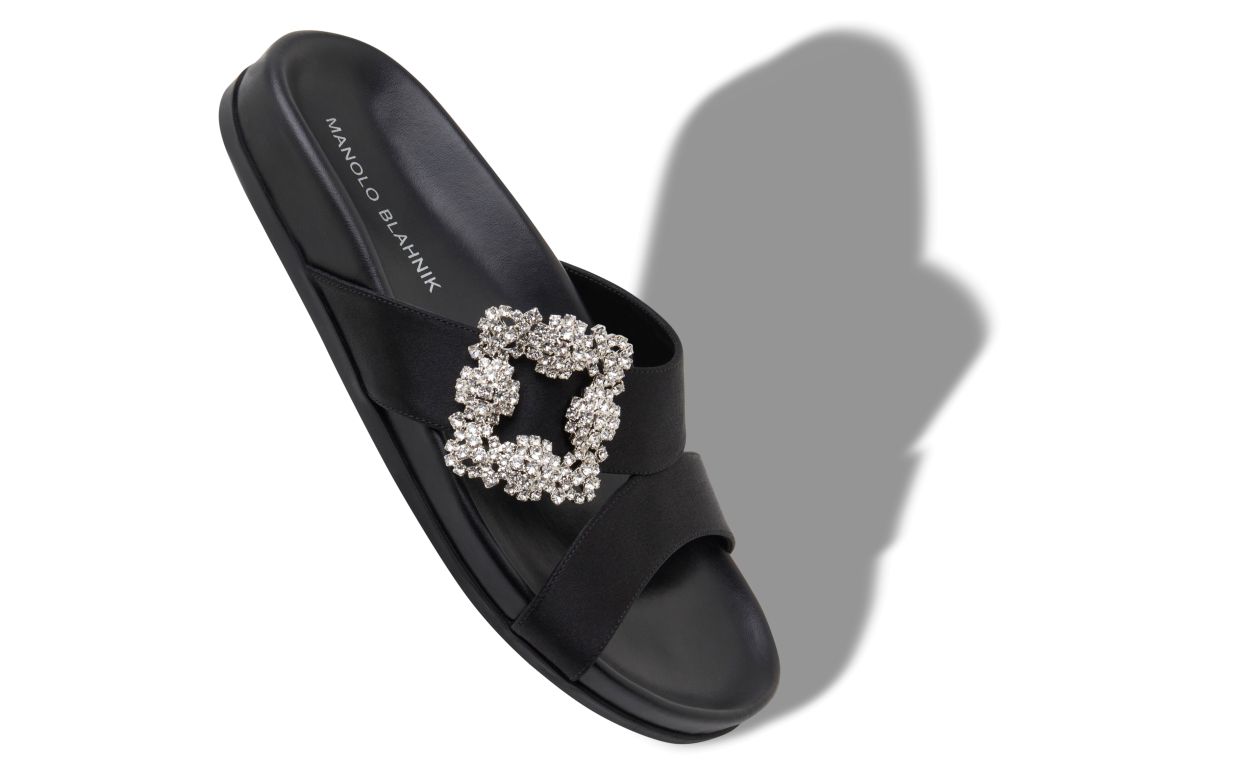 Designer Black Satin Jewel Buckle Flat Mules - Image Main