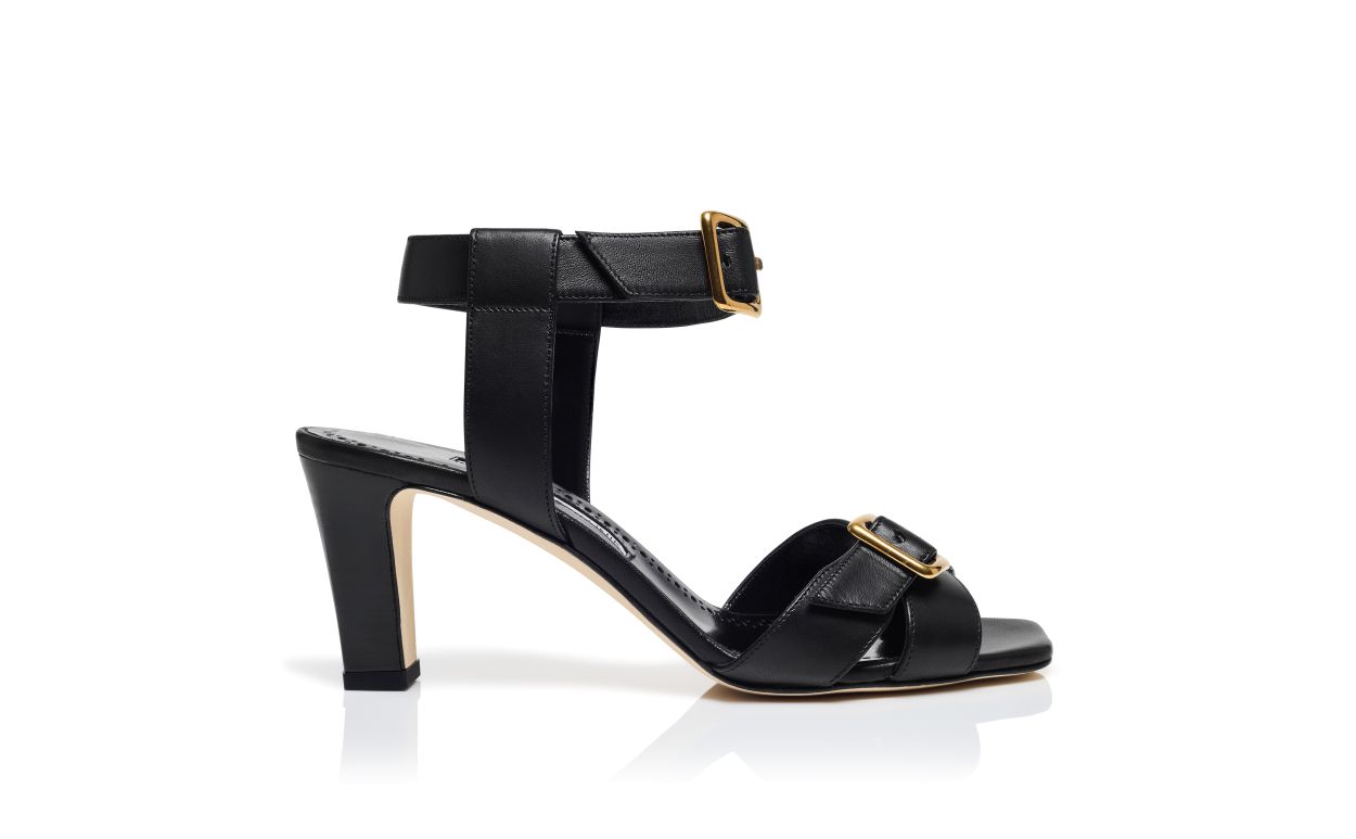 Designer Black Nappa Leather Ankle Strap Sandals - Image Side View