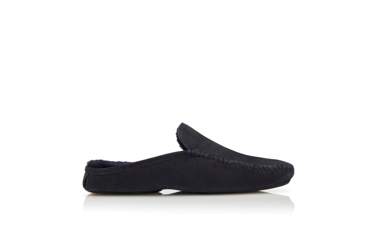Designer Navy Blue Suede Slippers - Image Side View