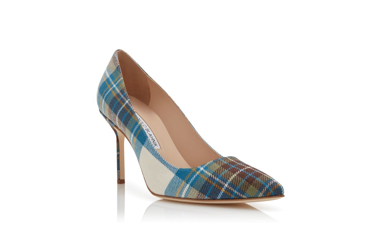 Designer Blue Wool Tartan Pointed Toe Pumps - Image Upsell View