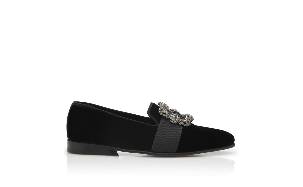 Designer Black Velvet Jewelled Buckle Loafers - Image Side View
