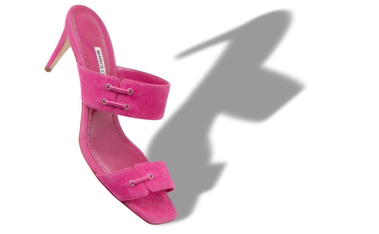 Designer Bright Pink Suede Lace Detail Mules - Image Main
