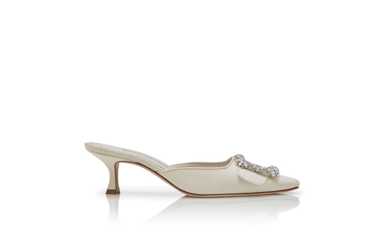 Designer Cream Crepe de Chine Jewel Buckle Mules - Image thumbnail