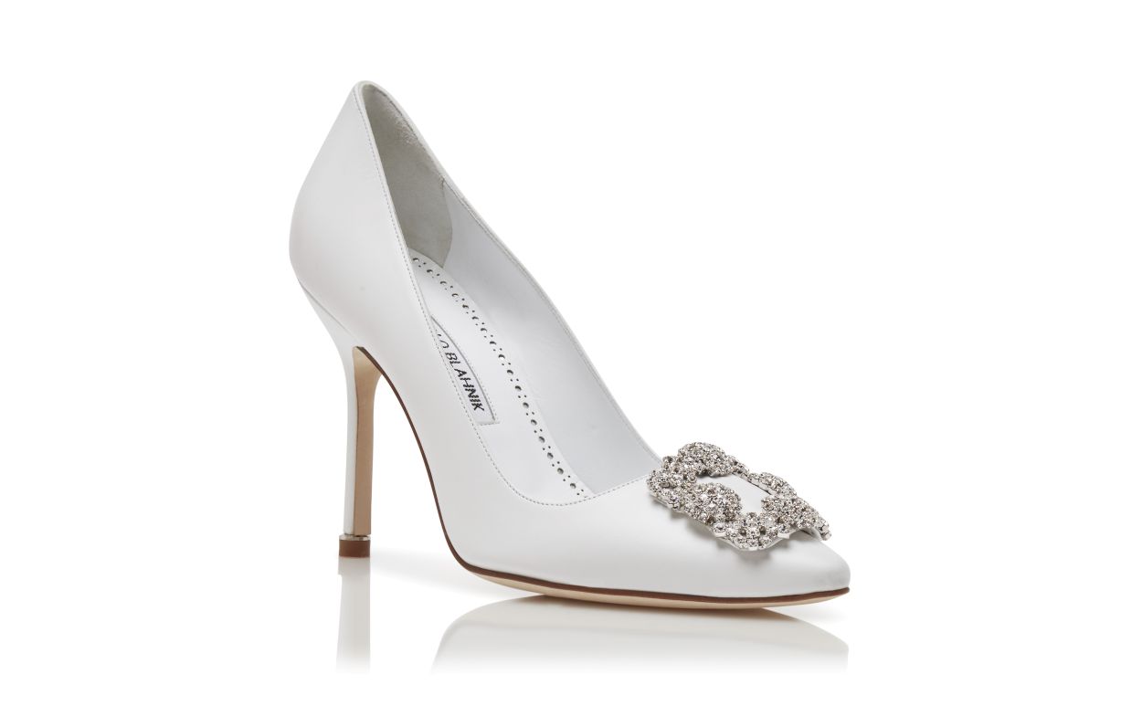 Designer White Calf Leather Jewel Buckle Pumps - Image Upsell