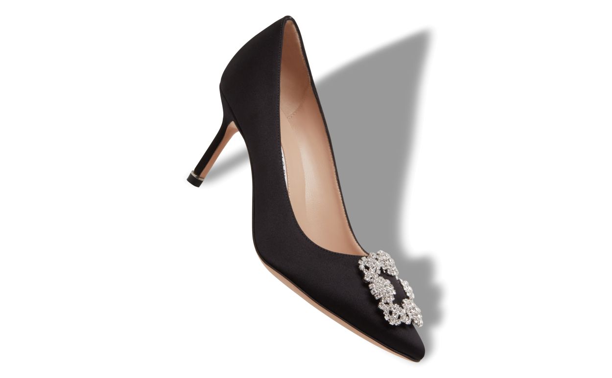 HANGISI 70 | Black Satin Jewel Buckle Pumps | Manolo Blahnik