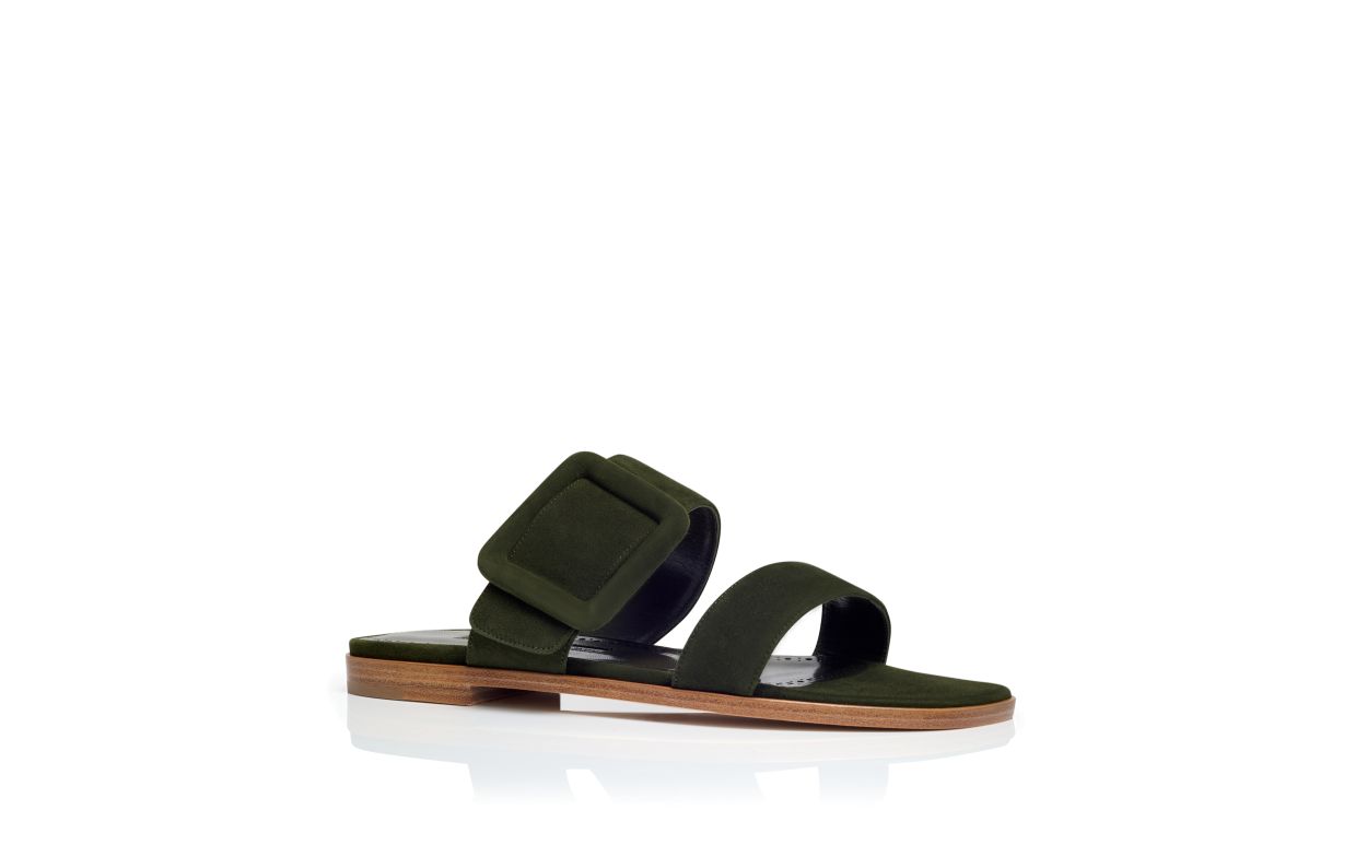 Designer Dark Green Suede Flat Sandals - Image Upsell