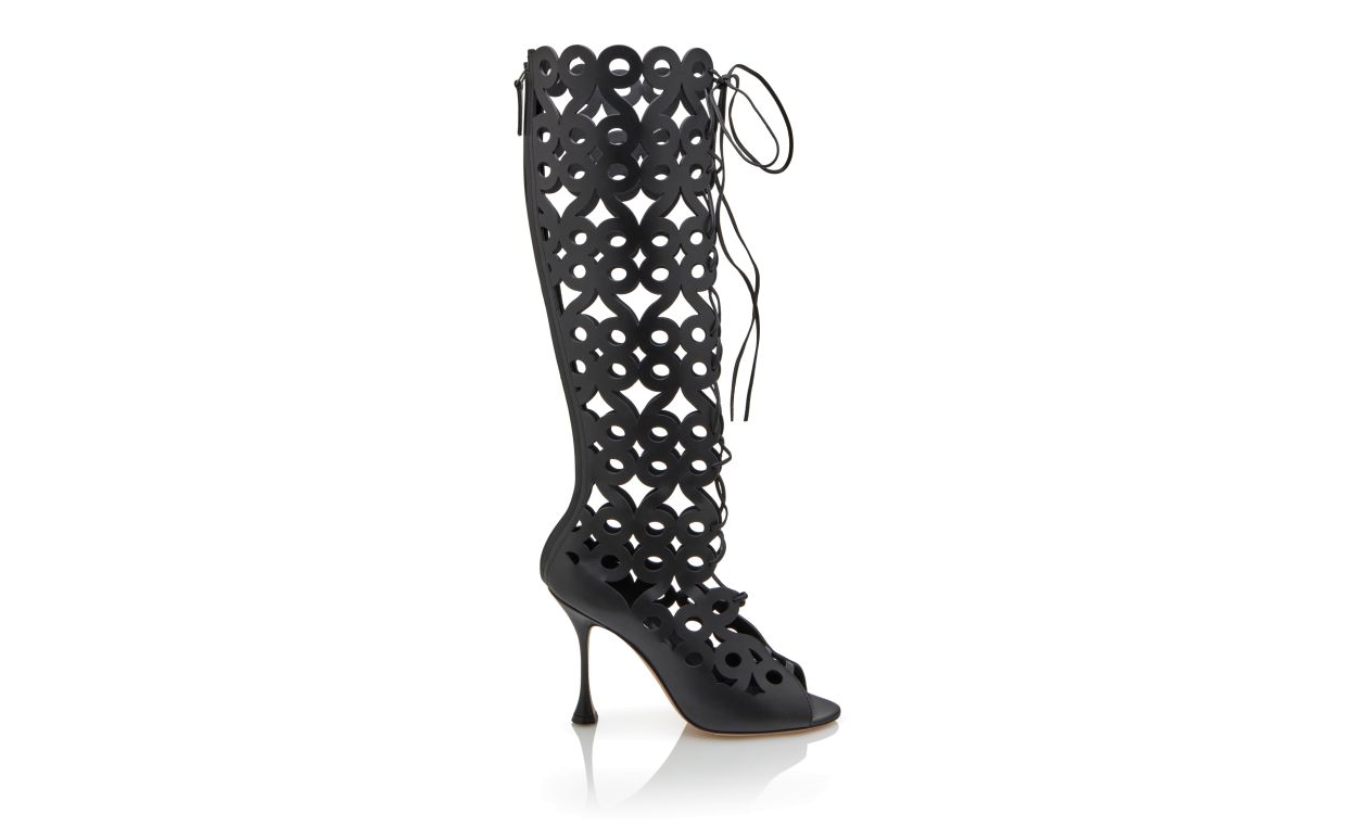 Designer Black Calf Leather Cut Out Knee High Boots - Image Side View