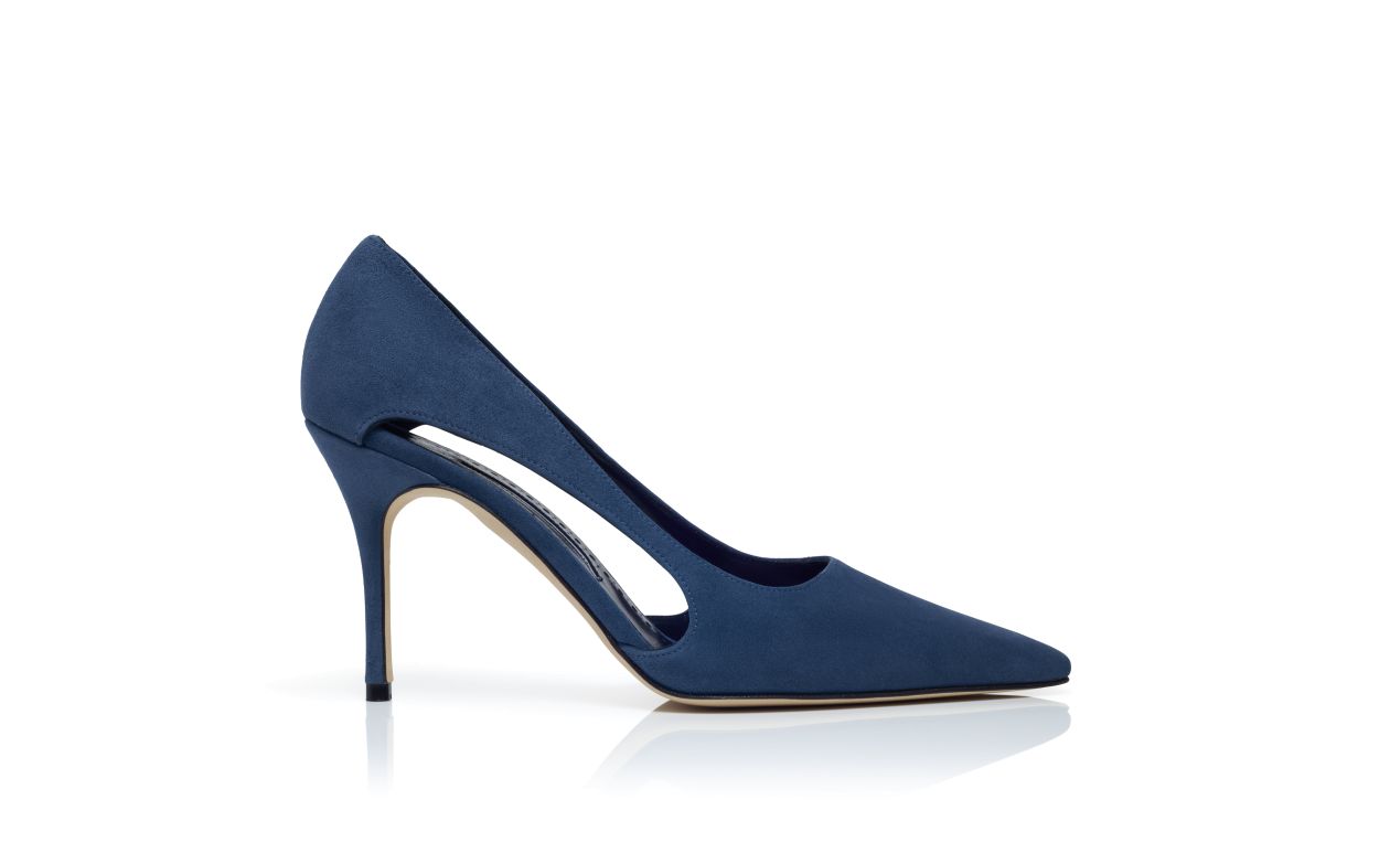 Designer Navy Blue Suede Cut Out Detail Pumps - Image Side View