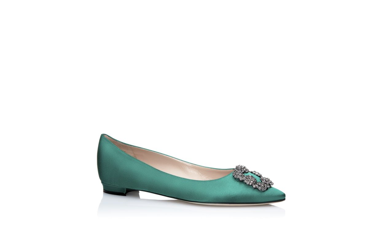 Designer Green Satin Jewel Buckle Flat Pumps - Image Upsell