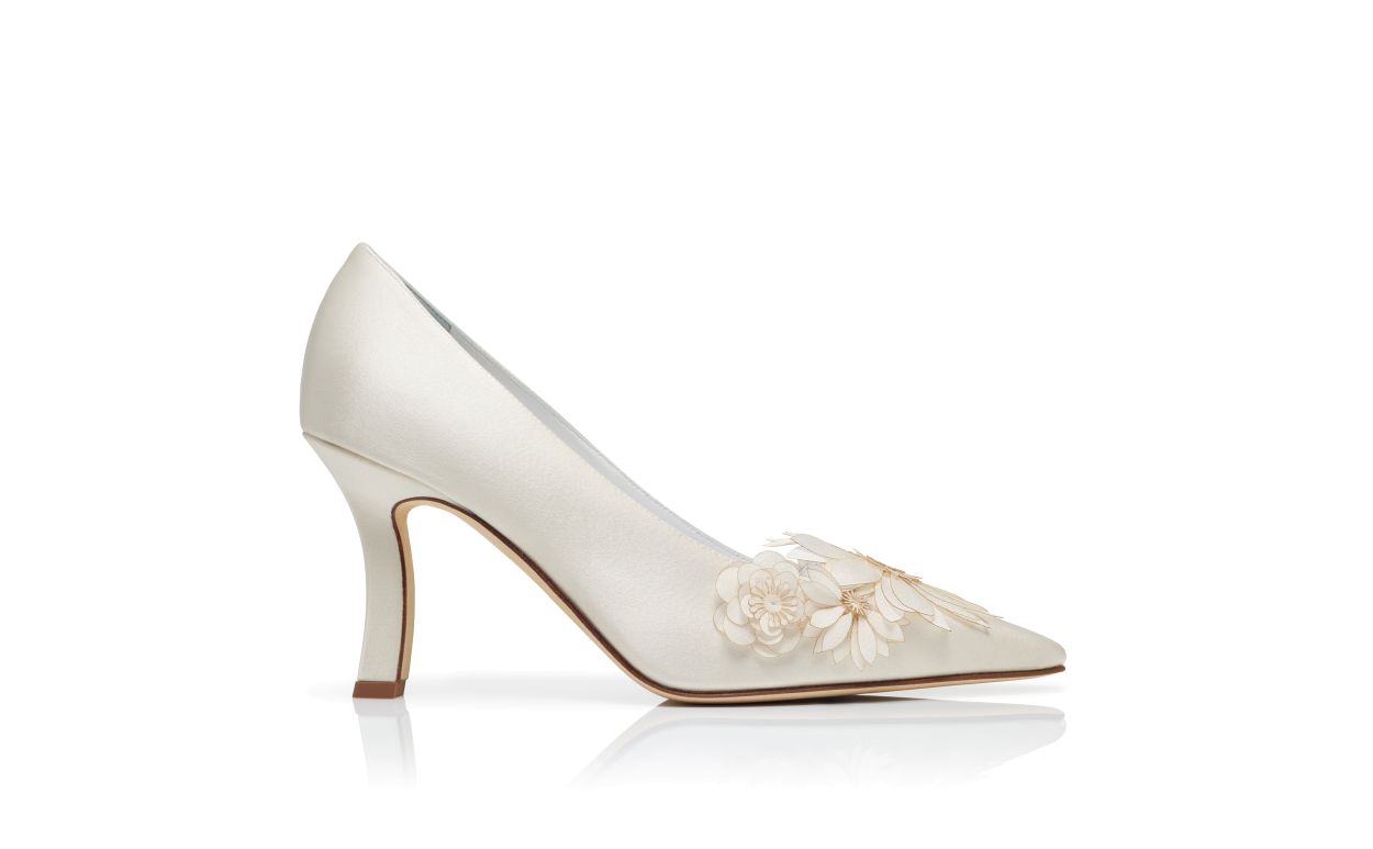 Designer White Crepe Satin Pumps  - Image Side View