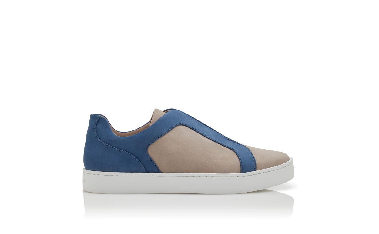 Designer Grey and Blue Calf Leather Low Cut Sneakers - Image Side View