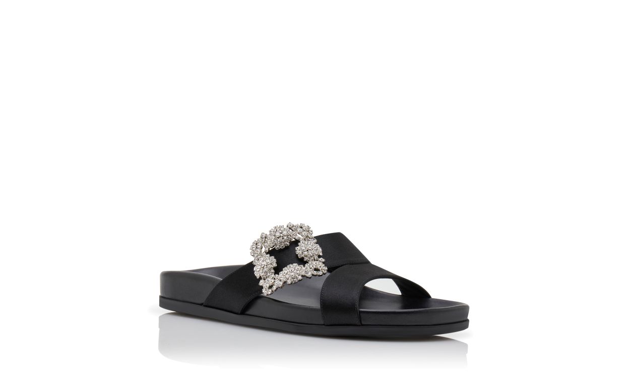 Designer Black Satin Jewel Buckle Flat Mules - Image Upsell