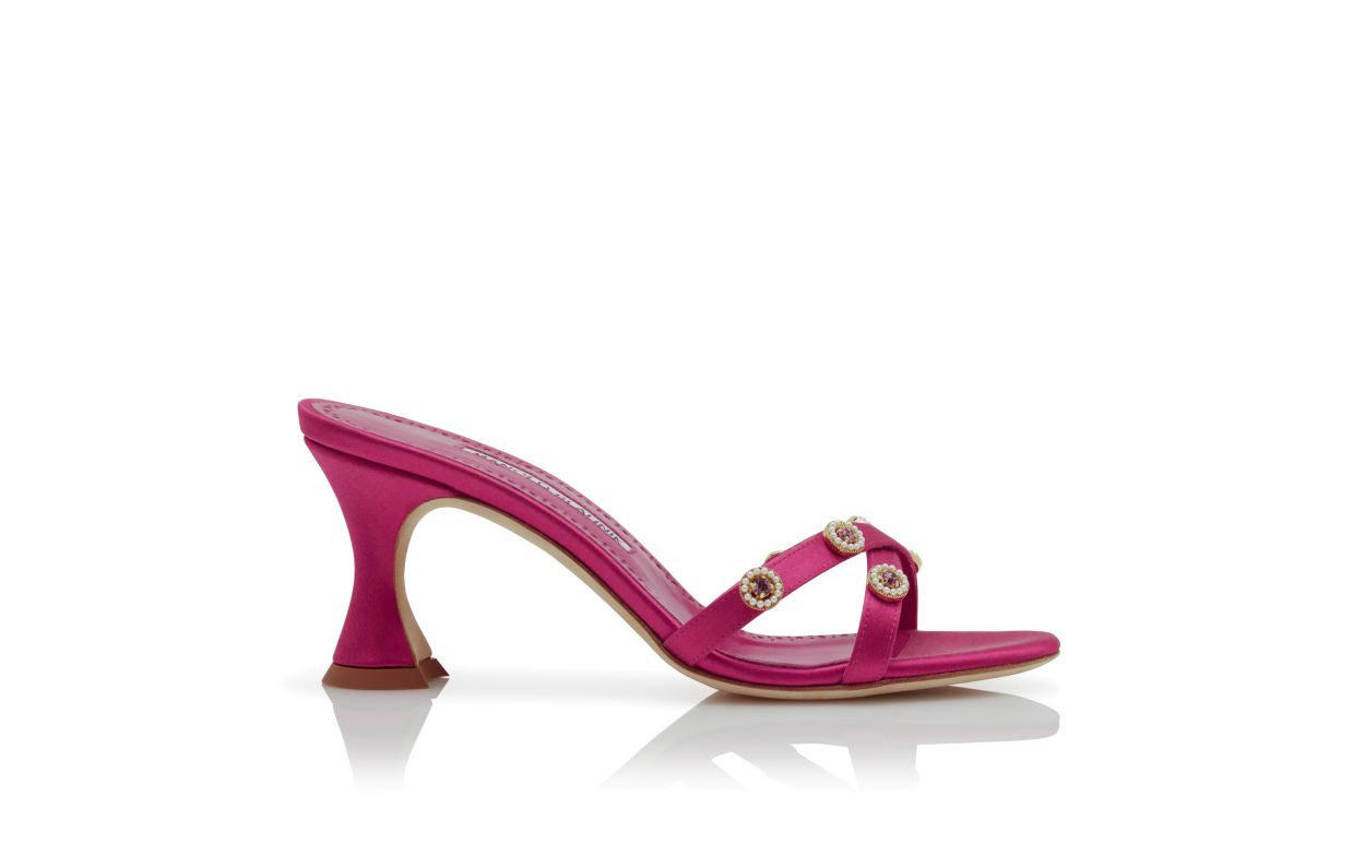 Designer Dark Pink Satin Embellished Mules - Image Side View