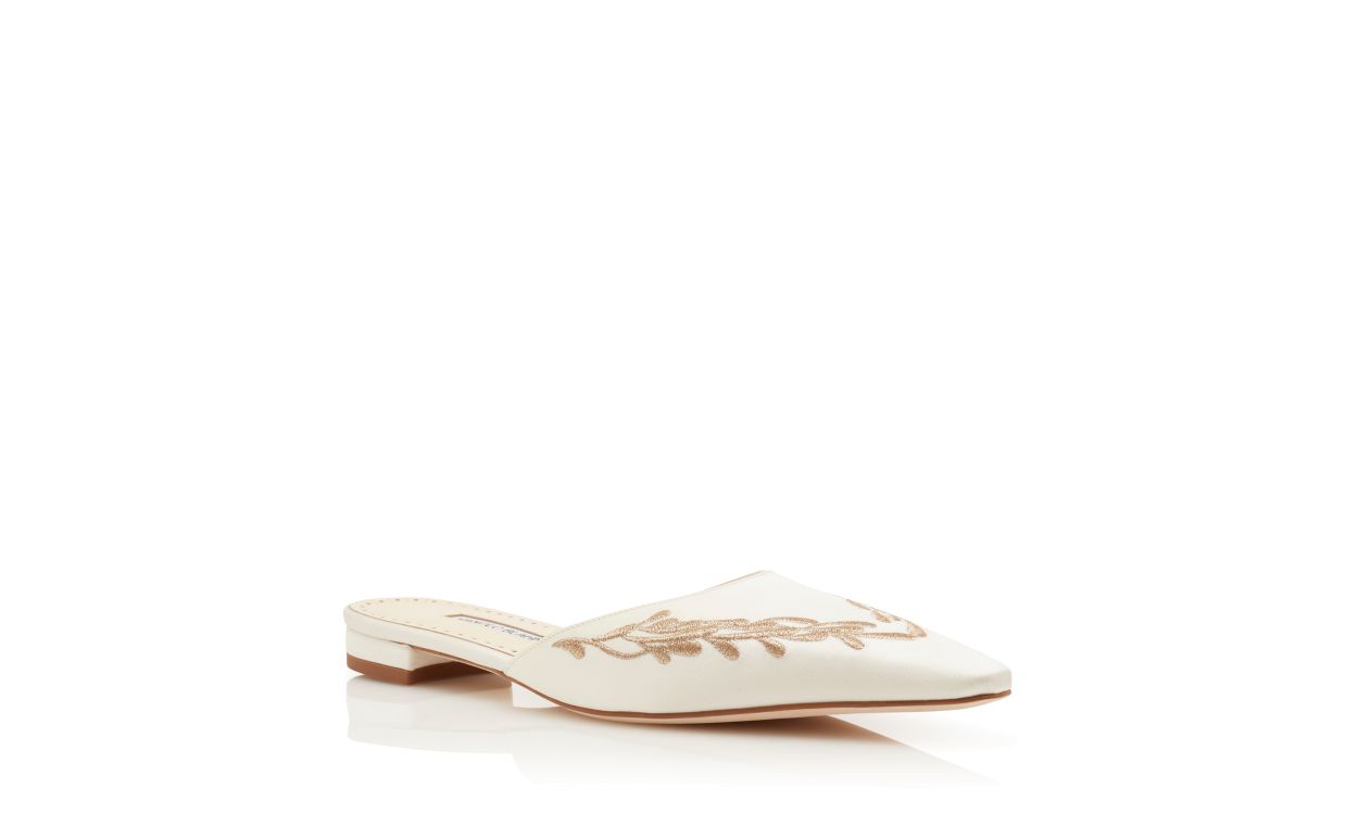 Designer White and Gold Satin Flat Mules - Image Upsell View