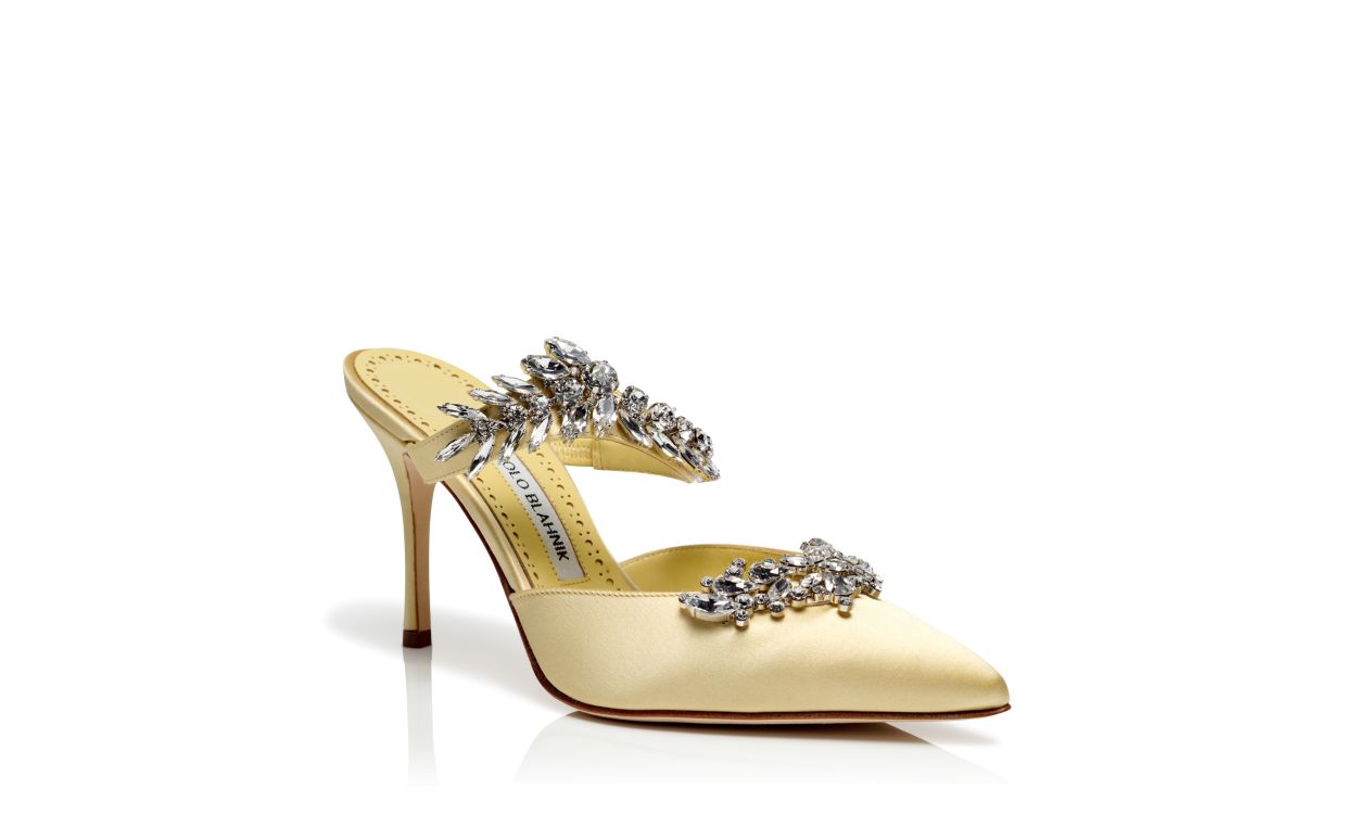 Designer Pale Yellow Satin Crystal Embellished Mules - Image Upsell