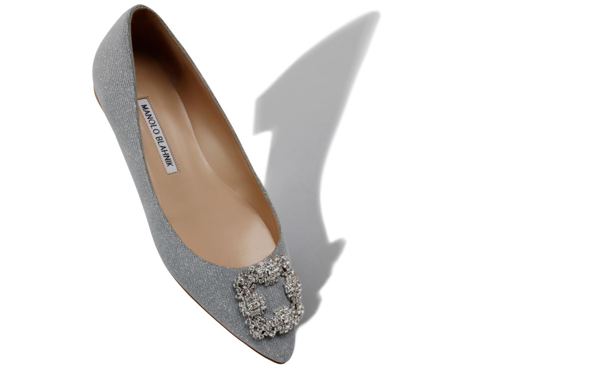 Designer Silver Glitter Fabric Jewel Buckle Flat Pumps - Image Main