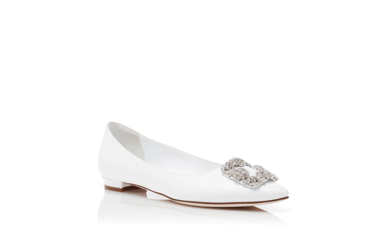 Designer White Calf Leather Jewel Buckle Flat Pumps - Image Upsell