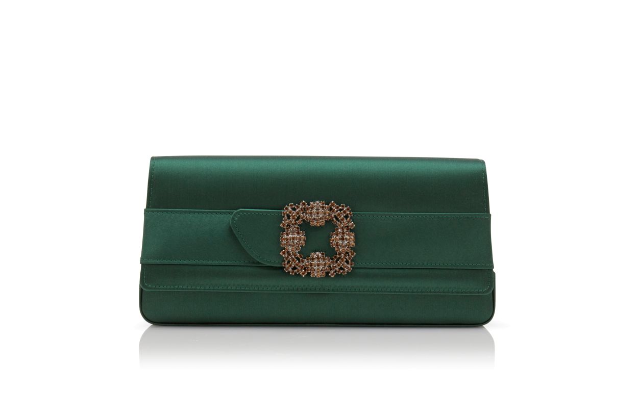 Designer Dark Green Satin Jewel Buckle Clutch - Image Upsell