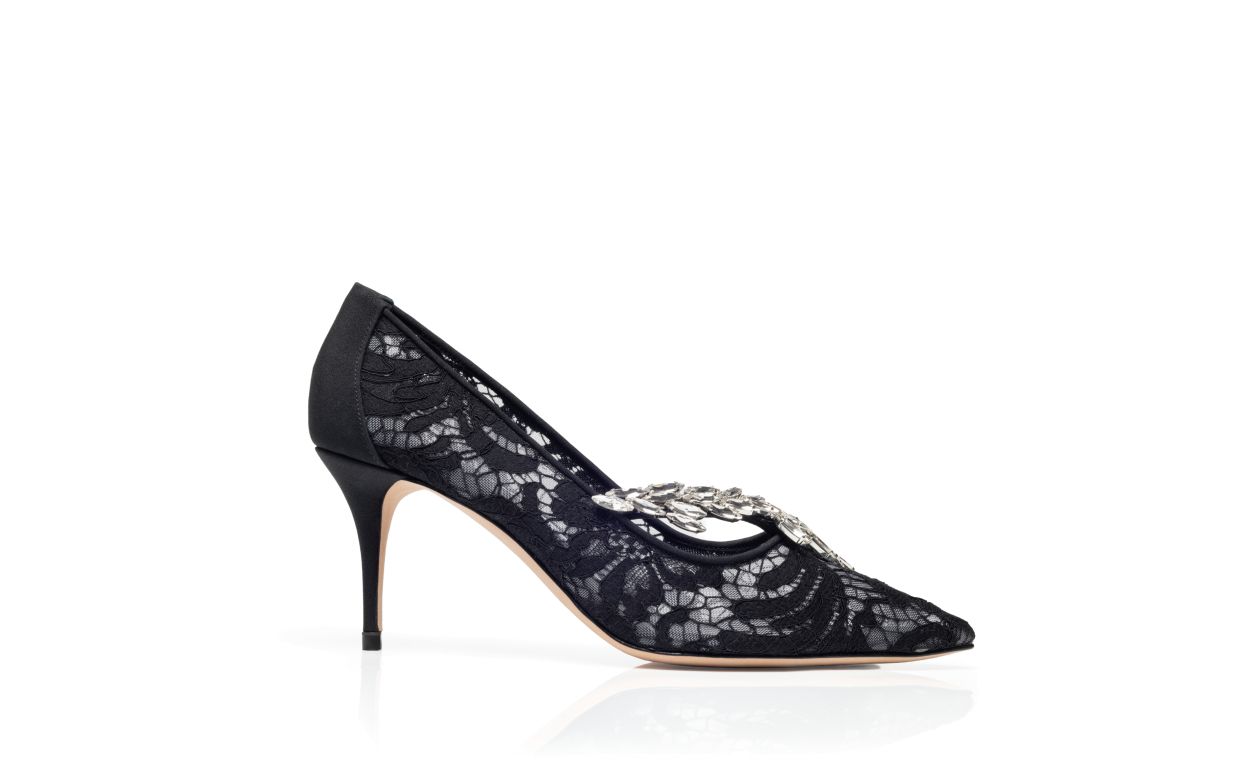 Designer Black Lace Jewel Buckle Pumps - Image Side View