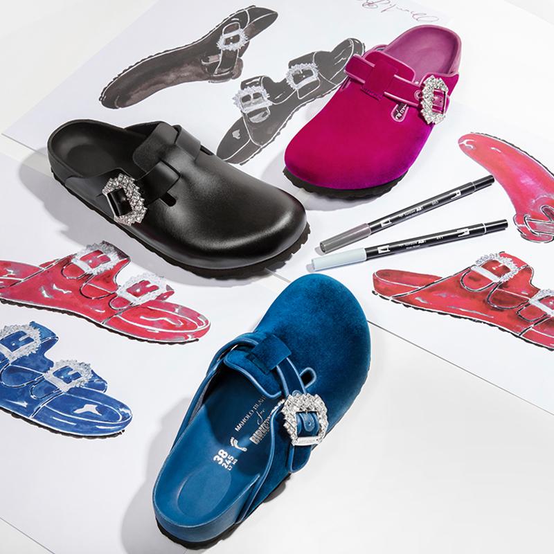 Editorial image of three significant styles from the Manolo Blahnik for Birkenstock collaboration; fuchsia velvet Boston clogs, blue velvet Boston clogs and black calf leather Boston clogs.