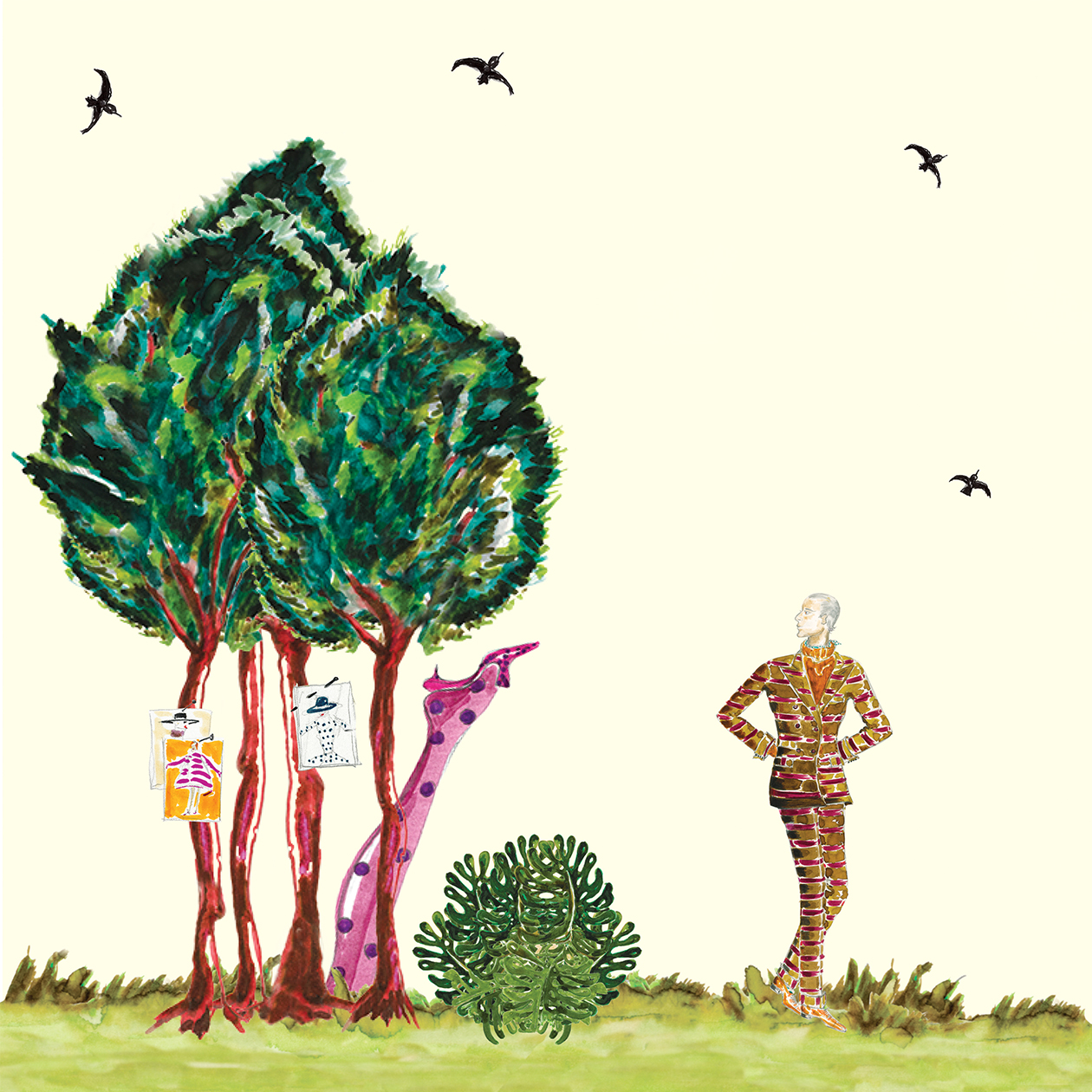 A sketch of Manolo Blahnik standing amongst some trees and grass