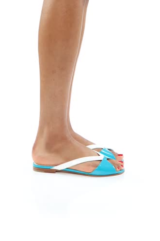 RADICAMUFLAT | Blue and White Patent Flat Sandals | Manolo Blahnik