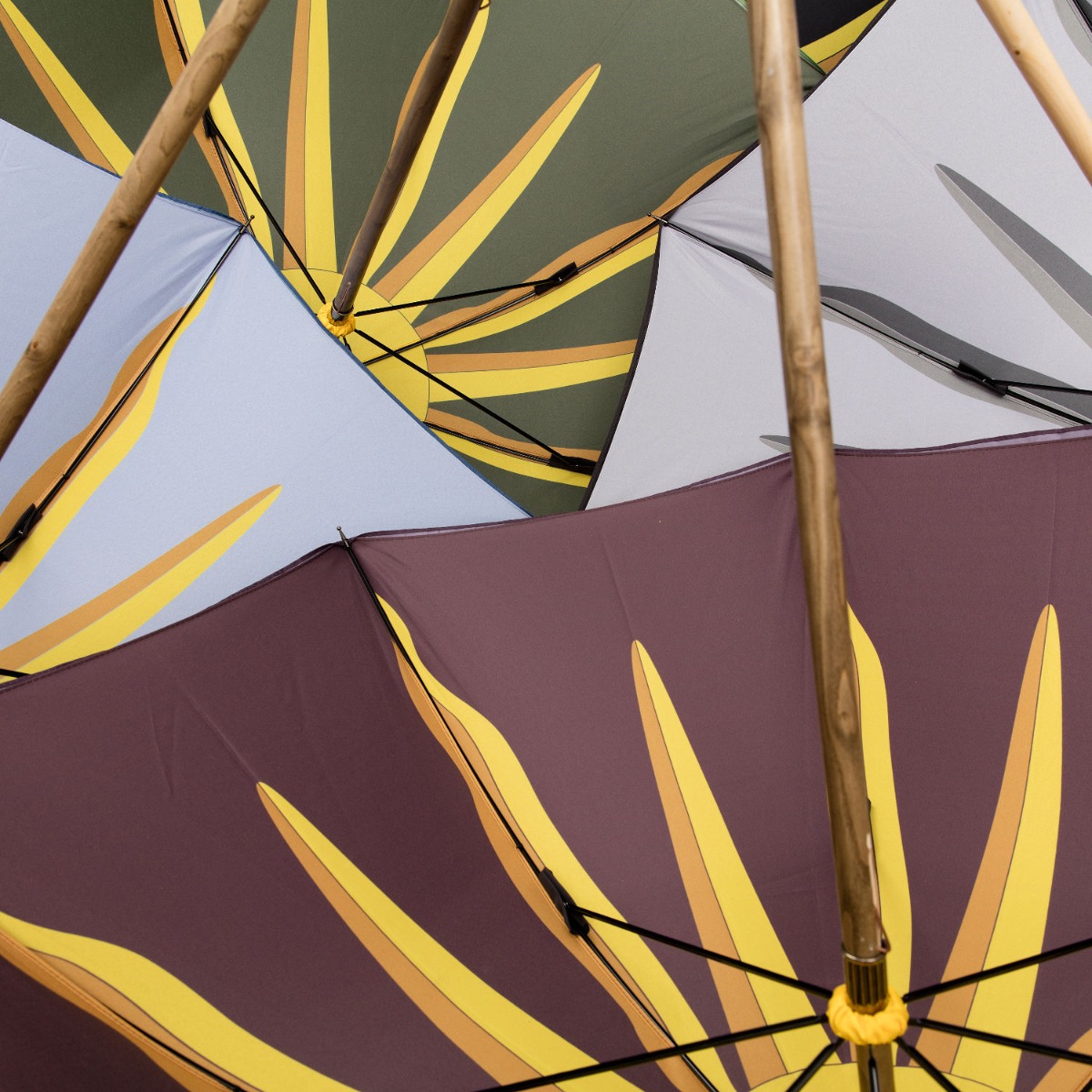 Four open umbrellas overlapping each other. They are in green, grey, pale blue and burgundy with a sunburst print. 